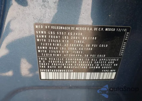 2019 Volkswagen Tiguan 2.0T Se/2.0T Sel/2.0T Sel R-Line/2.0T Sel R-Line Black z USA, uszkodzony, nr VIN 3VV2B7AX5KM062339